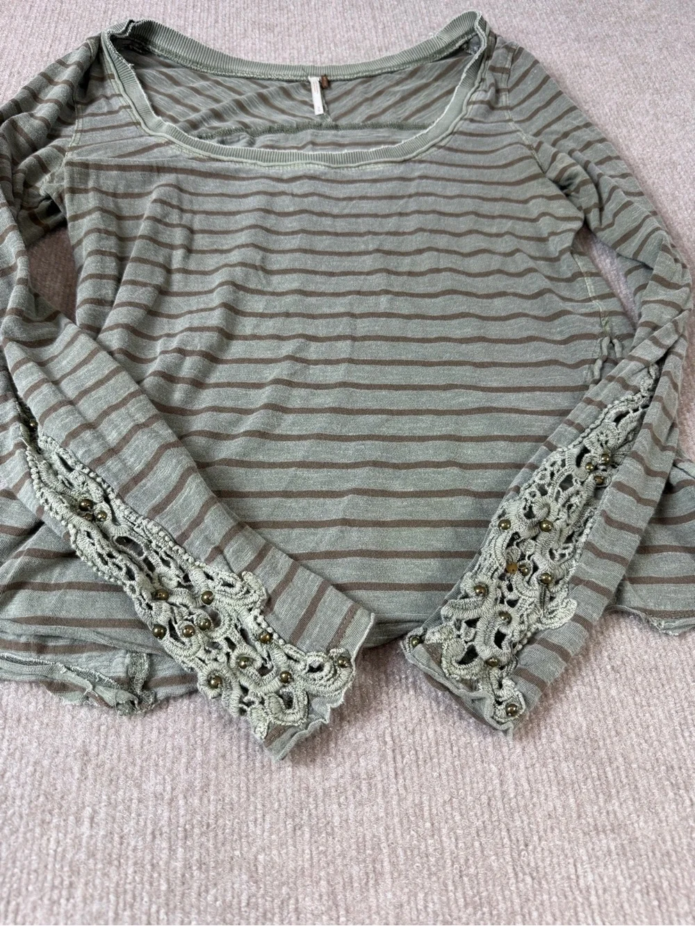 Free People Hard Candy Cuff Olive Green Striped Long Sleeve Distressed Top